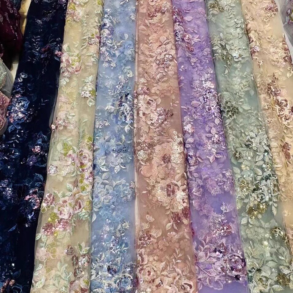 N60跨境粉色系亮片花朵立体刺绣网纱蕾丝面料布料敬酒服料