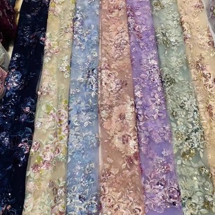 N60跨境粉色系亮片花朵立体刺绣网纱蕾丝面料布料敬酒服料