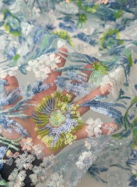 N39跨境立体亮片刺绣网纱蕾丝面料布料礼服旗袍定制辅料蓝绿色