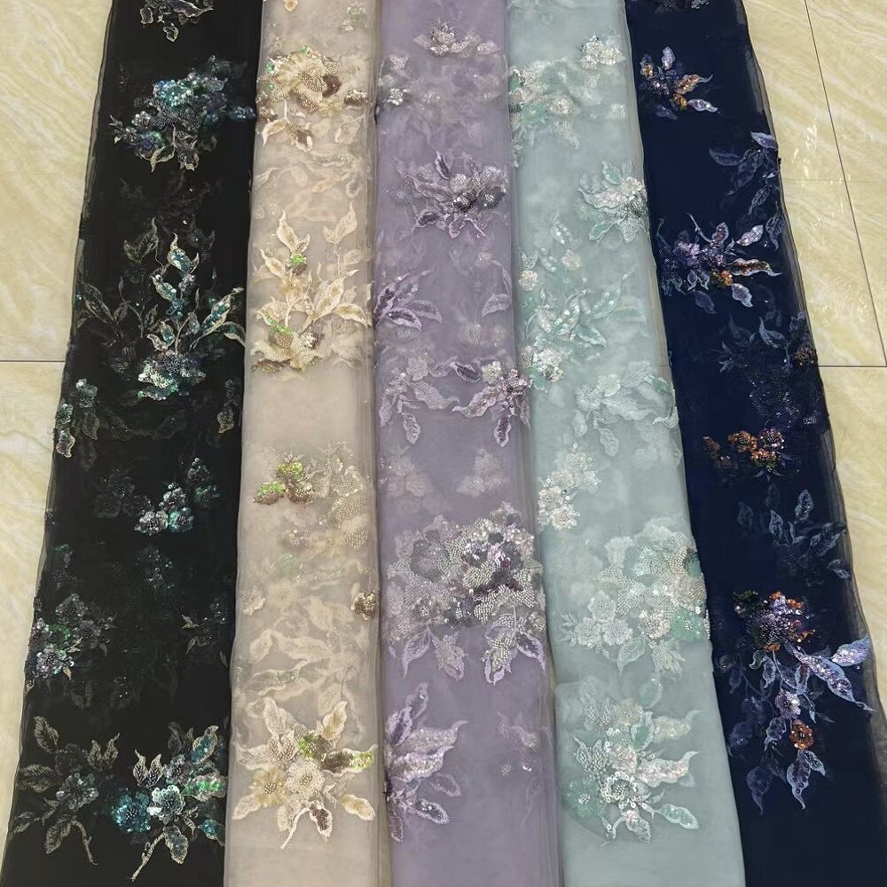 N31跨境钉珠米珠亮片立体刺绣网纱蕾丝面料礼服布料花朵贴片兰色