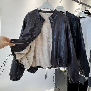 立领显瘦机车服皮夹克时尚 新款 上衣潮 2025冬季 加绒皮衣外套女短款