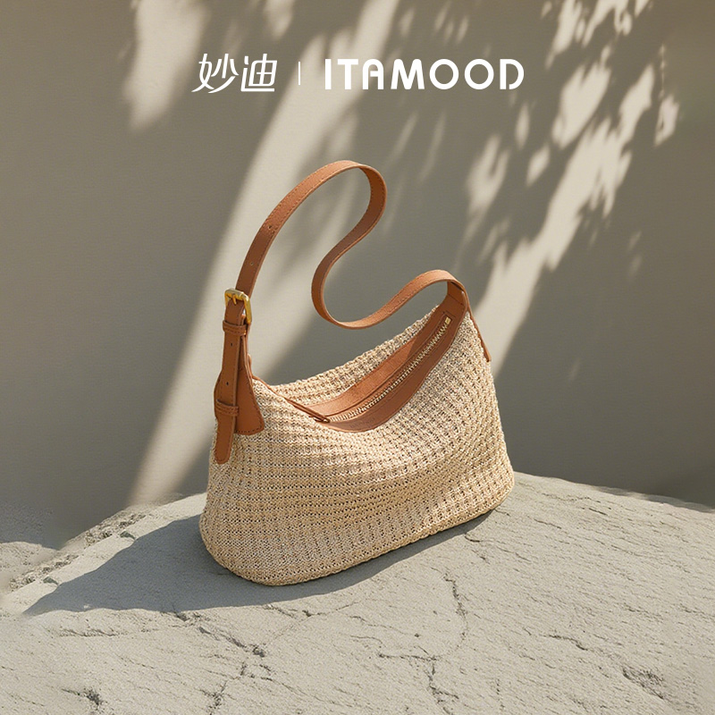 妙迪真皮草编hobo腋下饺子包