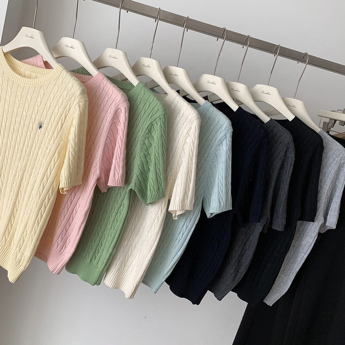 美式复古！超温柔含桑蚕丝羊毛短袖针织衫26圆领麻花合身通勤上衣