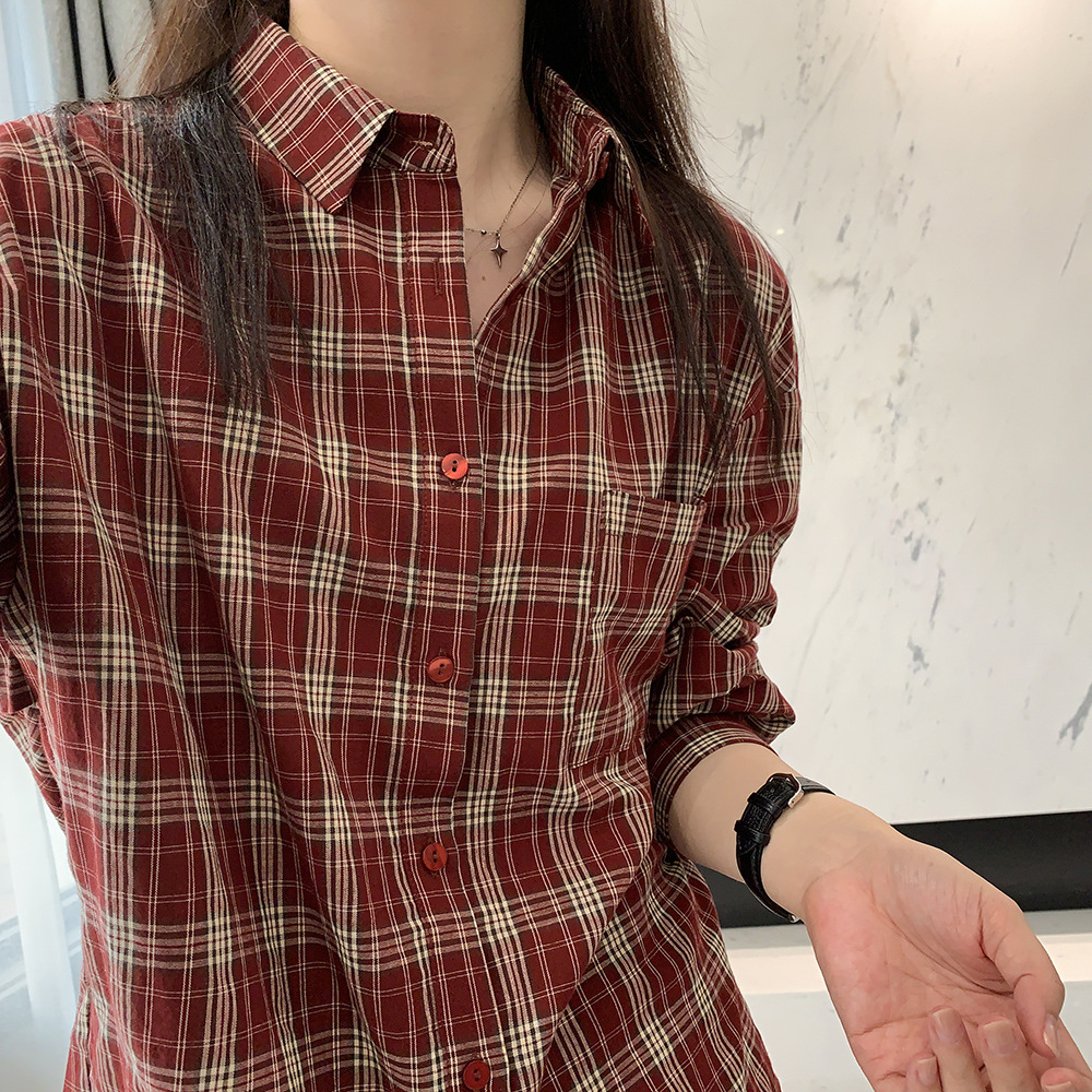 CHAO级推荐！秋季穿搭~撞色格子衬衫女宽松显瘦慵懒翻领休闲衬衣