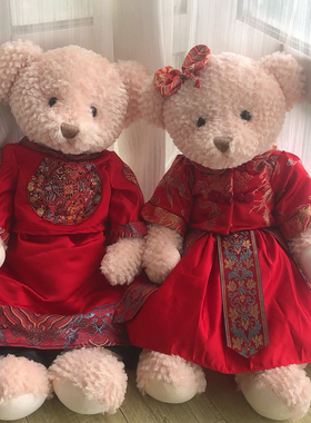 毛绒玩具泰迪熊压床娃娃一对结婚中式情侣熊婚房公仔送新人礼物女