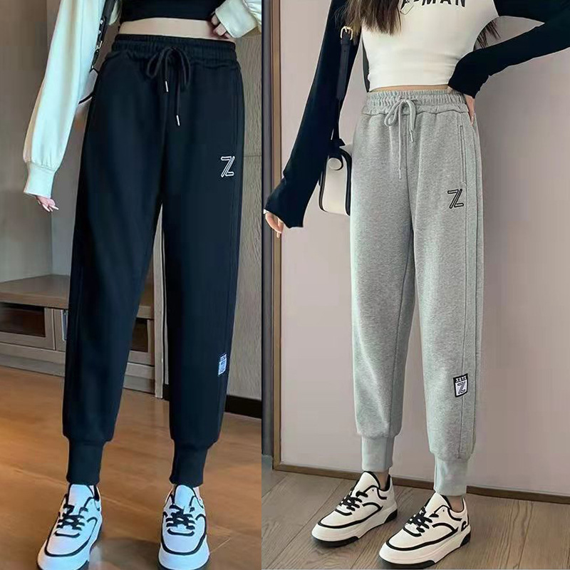 包邮新款珠地棉束脚运动卫裤女式春秋裤子宽松百搭潮流刺绣哈伦裤