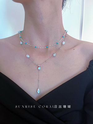 银蓝光天然巴洛克碎银子珍珠项链925纯银keshi满天星Y字毛衣链女