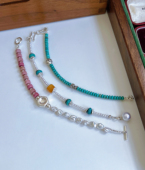 清迈925纯银天然绿松石蜜蜡红纹石珍珠手链女小众国风古典叠戴款