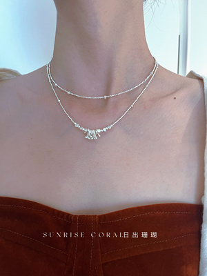 日出珊瑚 泰国925银素银手工交叉吊坠项链锁骨链 ins风设计款叠戴