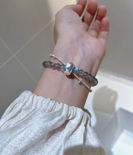 【星际】原创小众设计925纯银天然灰月光石碎银子双层手链女清迈