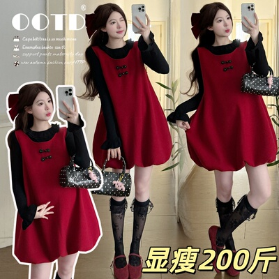 孕妇连衣裙2026新款加肥胖MM200斤新年氛围感短款可爱花苞裙套装