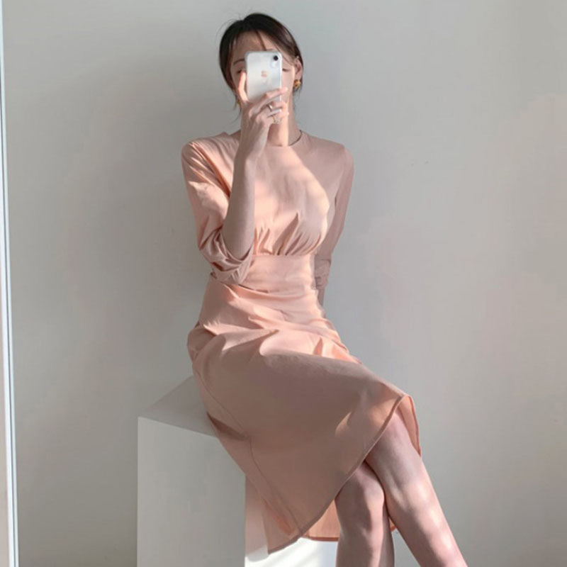 热销102件需要用券夏季新款韩国ins复古褶皱连衣裙女中长款气质收腰修身显瘦裙子