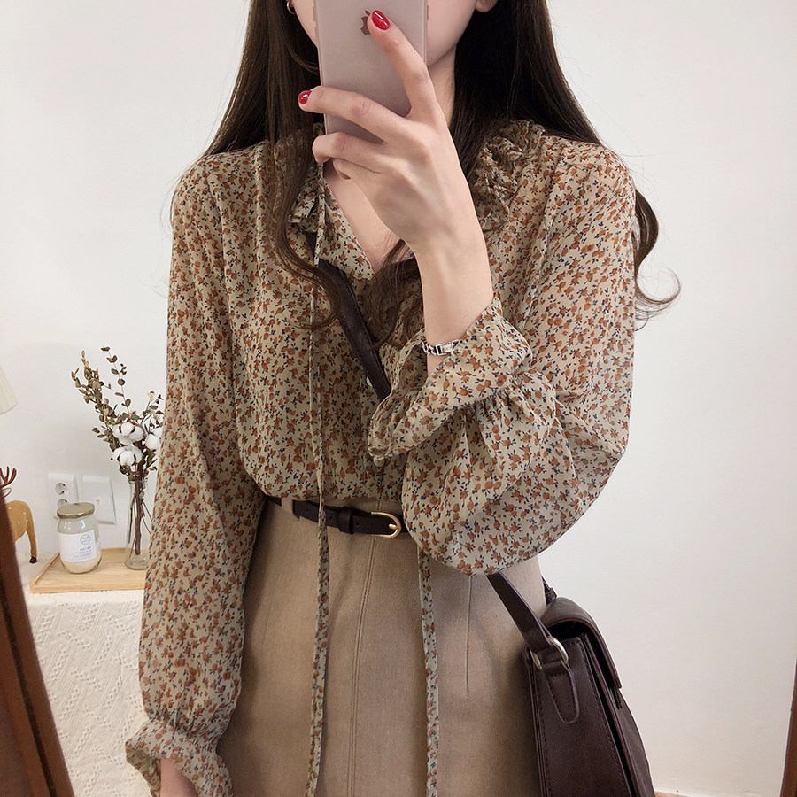 the republic of korea ins Sweet Floral Spring and summer Versatile By age Wood ear Frenum Long sleeve shirt shirt Chiffon jacketin the Women's clothing/Boutique , Shirt  category - from Buy2taobao.com to provide professional Taobao agent buy service