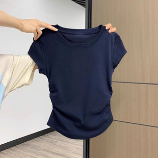 显瘦短上衣 藏蓝色正肩短袖 t恤女夏季 新款 设计感褶皱收腰纯棉修身