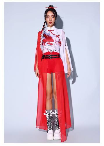 女团打歌服中国风爵士舞旗袍修身年会舞蹈演出服装红色国潮舞台装