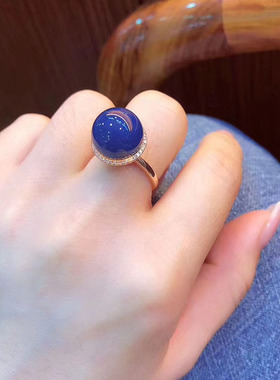 天然多米尼加蓝珀耳钉925银镀18K金戒指高蓝净水蓝珀戒指女款活口