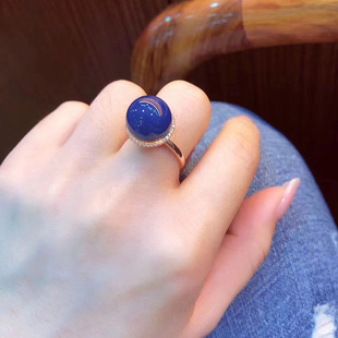 天然多米尼加蓝珀耳钉925银镀18K金戒指高蓝净水蓝珀戒指女款 活口
