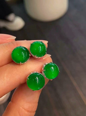 经典百搭天然绿玉髓耳钉925银镀5层白金耳针帝王绿媲美翡翠耳饰女