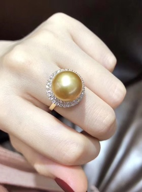 南洋金珍珠戒指925银镀18k金澳洲强光白珍珠女戒正圆大颗粒活口女