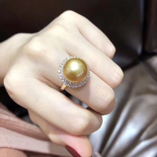 南洋金珍珠戒指925银镀18k金澳洲强光白珍珠女戒正圆大颗粒活口女