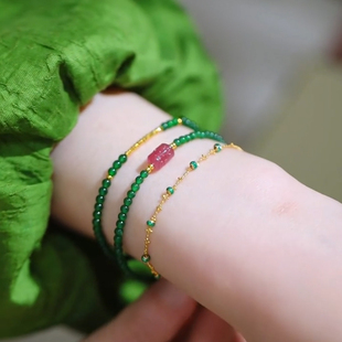 新中式帝王绿危料翡翠3mm小米珠银镀18k金蹦迪珠手串爆闪叠戴小众