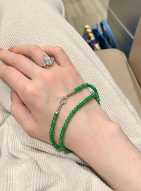 正阳绿翡翠万能项链天然冰种干青锁骨链4mm小米珠三圈手串小众ins