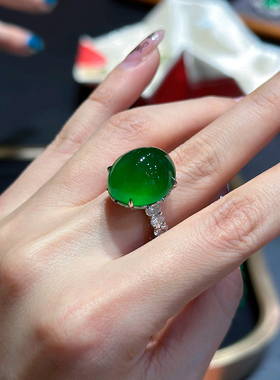 天然绿玉髓戒指925银镀5层白金指环媲美翡翠活口女戒时尚气质百搭