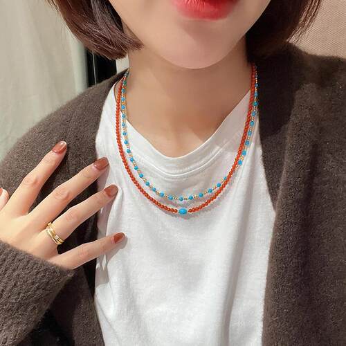 南红玛瑙小米珠项链蓝松石毛衣链