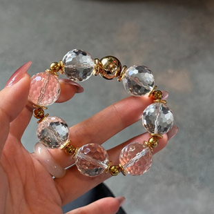 天然巴西全净体白水晶蹦迪珠手串钻石切面大颗粒镀18K手链男女款