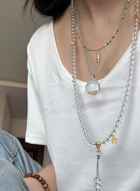 双A天然白水晶项链108颗佛珠毛衣链纯银锁骨链单株万能扣吊坠女款