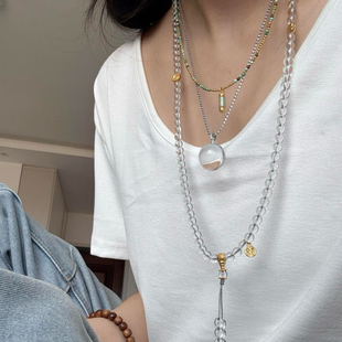 双A天然白水晶项链108颗佛珠毛衣链纯银锁骨链单株万能扣吊坠女款