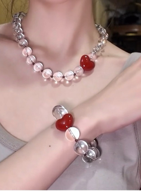 天然双A巴西白水晶手串搭亚克力桃心项链春节礼物闺蜜高级套装女