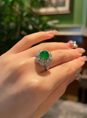 正阳绿翡翠戒指天然冰透绿玉髓开口指环925银镀5层白金可调节女戒