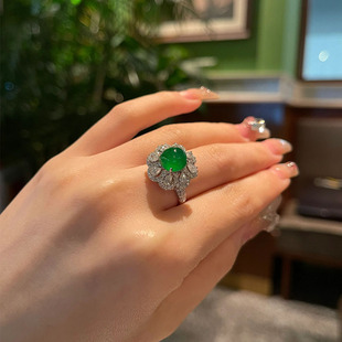 正阳绿翡翠戒指天然冰透绿玉髓开口指环925银镀5层白金可调节女戒