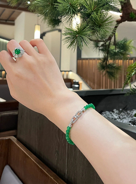 天然高冰危料翡翠手串帝王绿正阳绿戒指开口可调节国风新中式套装