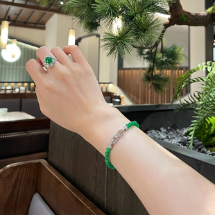 天然高冰危料翡翠手串帝王绿正阳绿戒指开口可调节国风新中式套装