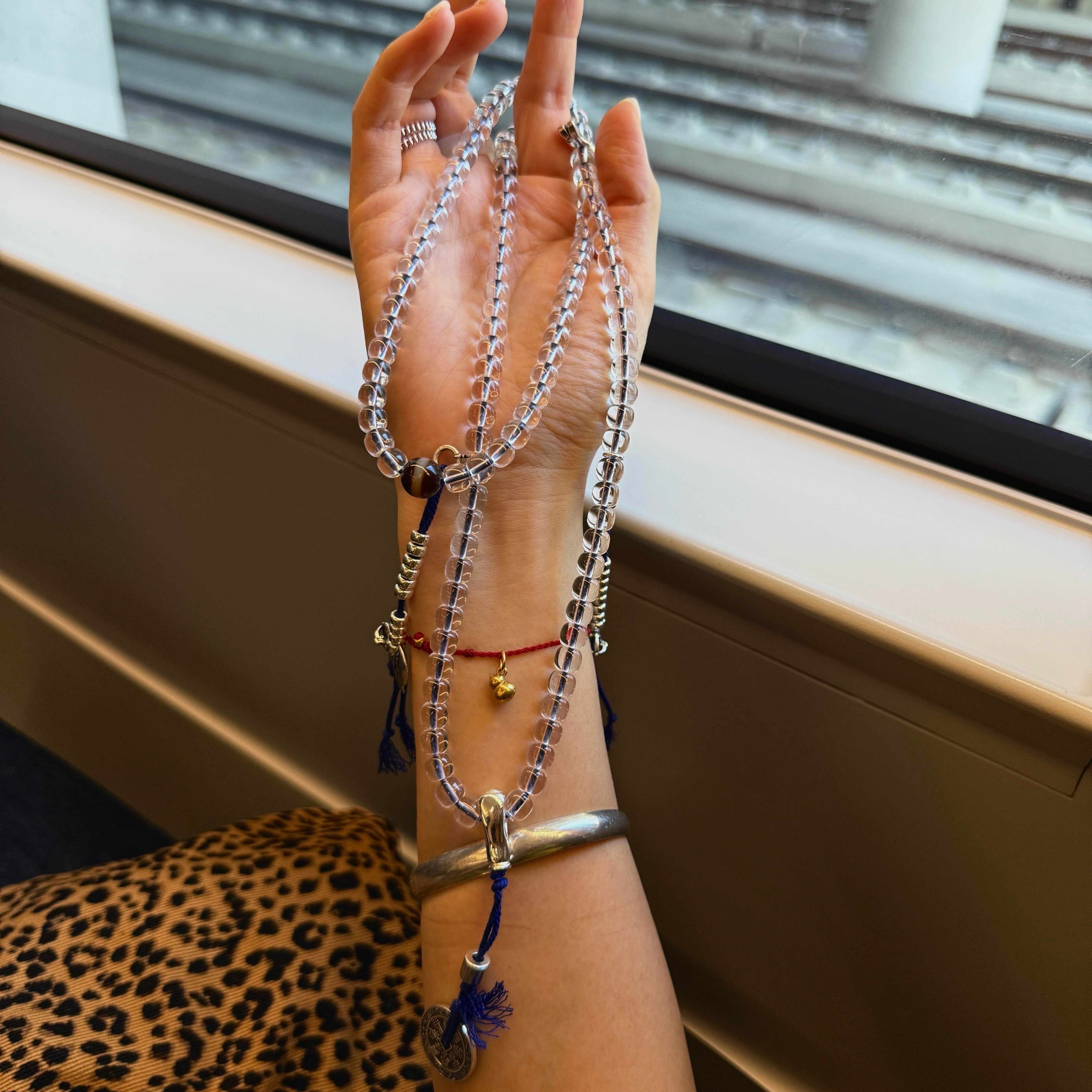 原创天然巴西白水晶108颗佛珠手链老型念珠纯银山鬼花钱毛衣链女