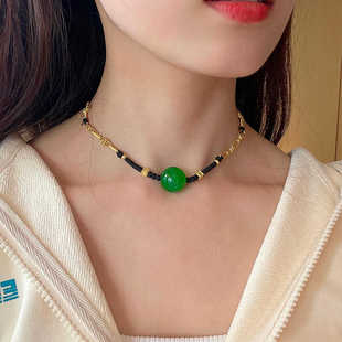 天然缅甸正阳绿干青翡翠大颗粒单珠项链高冰种转运珠编绳锁骨链女