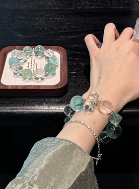 巴西天然白水晶手链绿萤石单圈男女款手串送闺蜜女友礼物显白手链