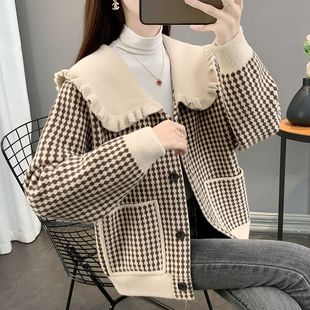 春秋季女士毛呢外套2025新款娃娃领开衫韩版短款上衣秋冬大码毛衣