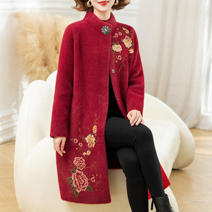 加厚水貂绒长款外套秋冬季女士宽松中长款牡丹绣花开衫时尚大衣女