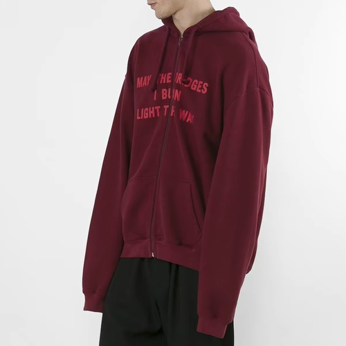 VTM  MTB Zip Up Hoodie 燃烧的桥梁标语酒红色刺绣开衫连帽衫 潮