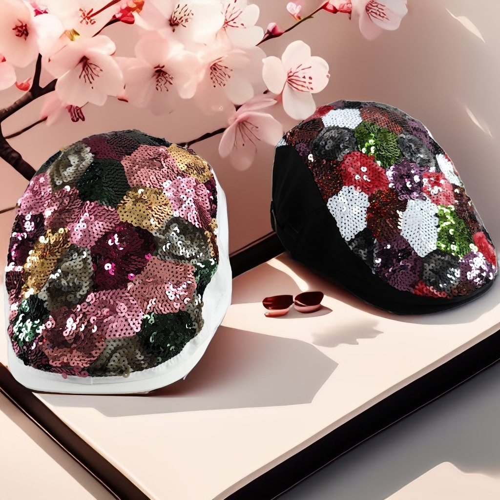 帽子女春秋韩版时尚花朵彩色亮片贝雷帽民族风洋气鸭舌帽遮阳帽