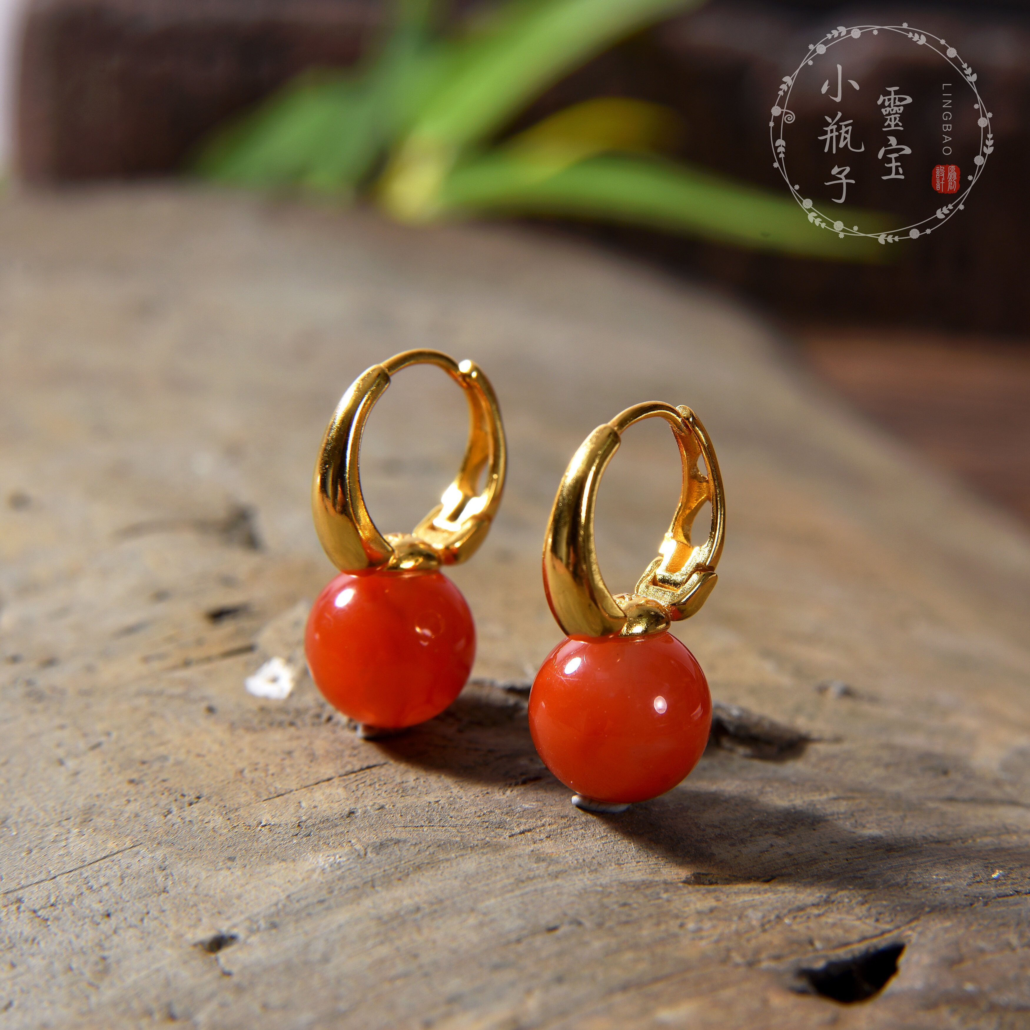 天然南红玛瑙耳钉红色高级感圆环耳饰新中式圆形小众设计耳环