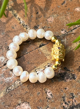 原创天然珍珠戒圈大黑天招财戒指925银纯银弹力绳珠光宝气女夏