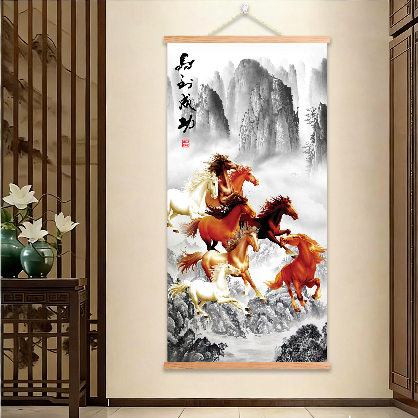 新中式现代水墨山水画马到成功图装饰画骏马图入户玄关风水办公室