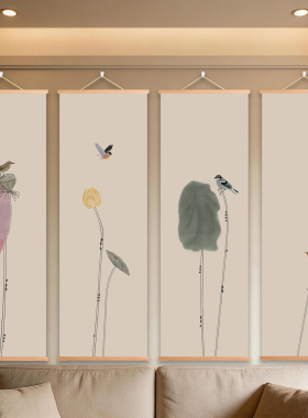花鸟画客厅书房装饰画床头卧室书房挂画卷轴画禅意荷花鸟壁纸画