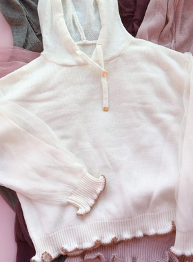 日单axes软萌木耳边针织衫女连帽网纱甜美可爱线衫带帽毛衣套头