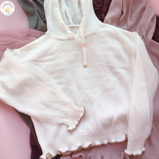 日单axes软萌木耳边针织衫女连帽网纱甜美可爱线衫带帽毛衣套头