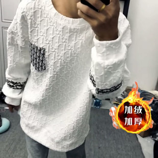 卫衣男士加绒休闲长袖圆领潮流上衣百搭打底拼接提花加厚白色衣服